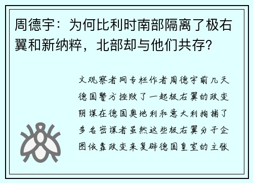周德宇：为何比利时南部隔离了极右翼和新纳粹，北部却与他们共存？