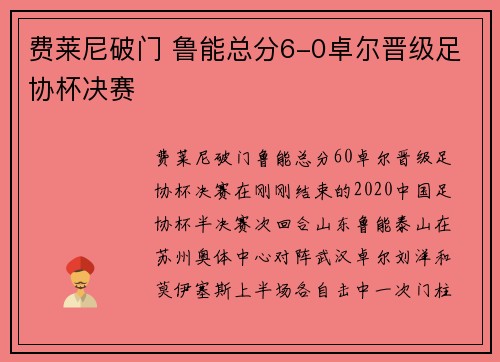 费莱尼破门 鲁能总分6-0卓尔晋级足协杯决赛